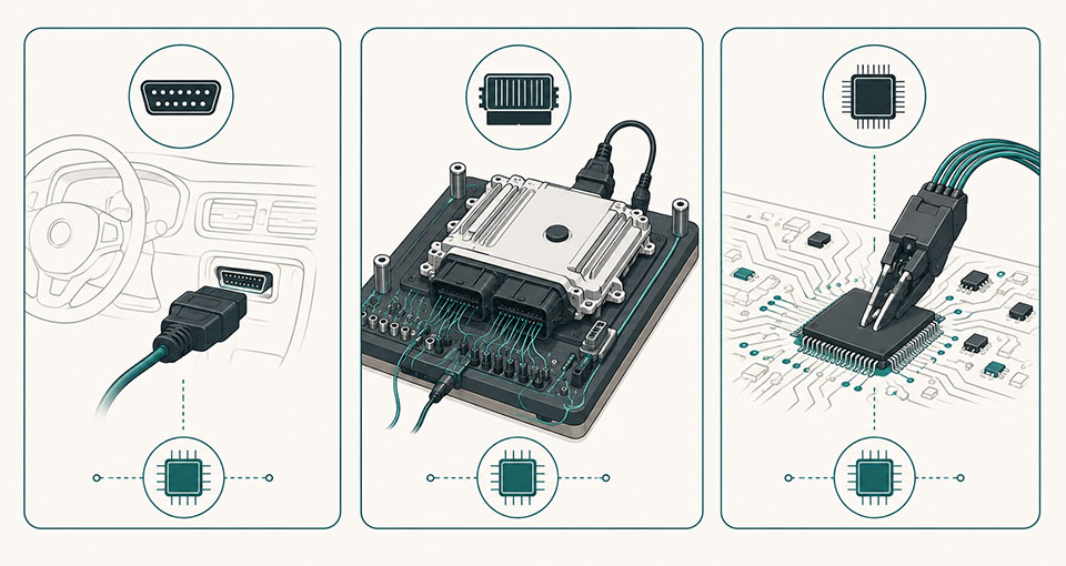 Illustration des modes de lecture OBD, Bench et Boot